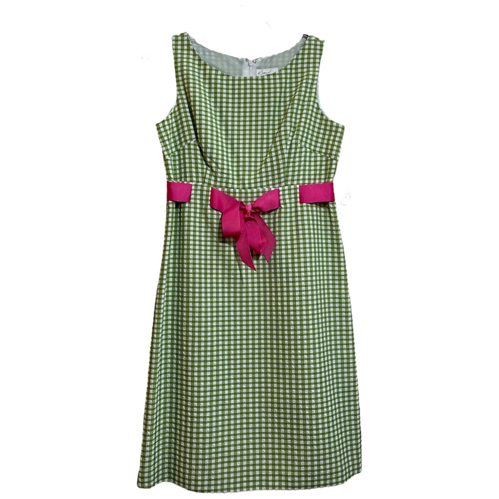 NWT Kim Rogers Green White Plaid Pink Bow Sleeveless Sheath Spring Dress Size 6